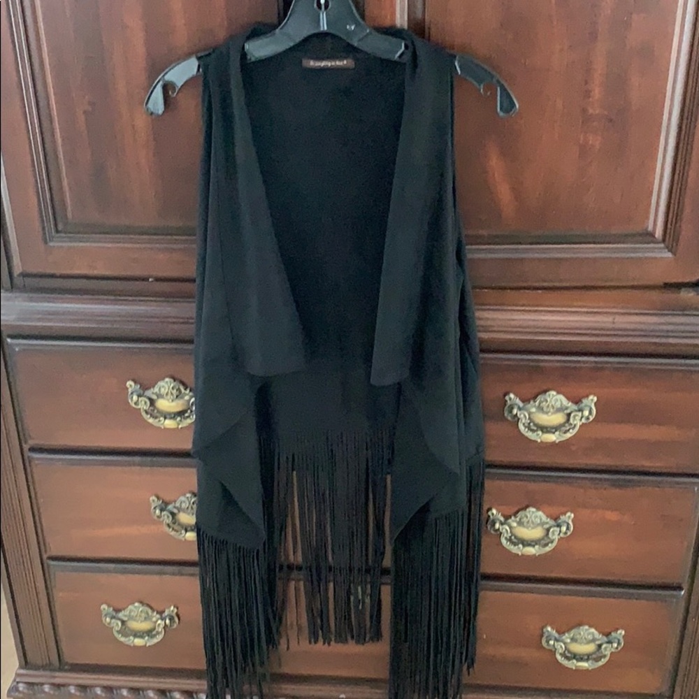 Black faux suede fringe vest